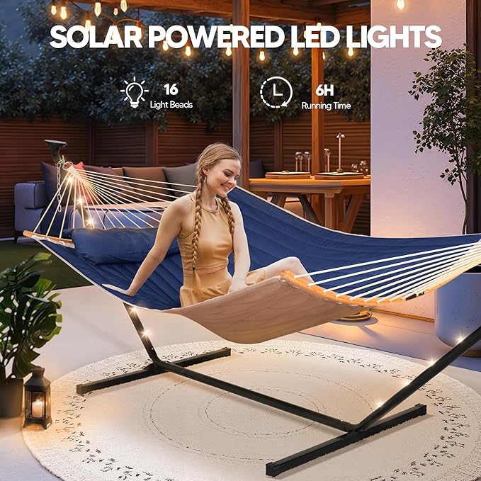 SUNCREAT Double Outdoor Hammock with 12 ft Stand, Solar Powered Lights, Portable 2 Person Hammock with Stand, Dark Blue