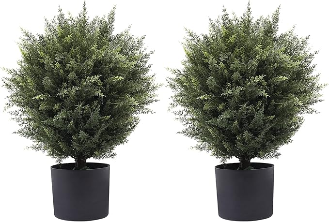 Gonuien 21” Artificial Cedar Outdoor Artificial Shrub Sunlight Resistant Leafy Potted Plant for Indoor Porch of Home and Office Artificial Outdoor Tree 2 Pieces a Set Topiary Trees