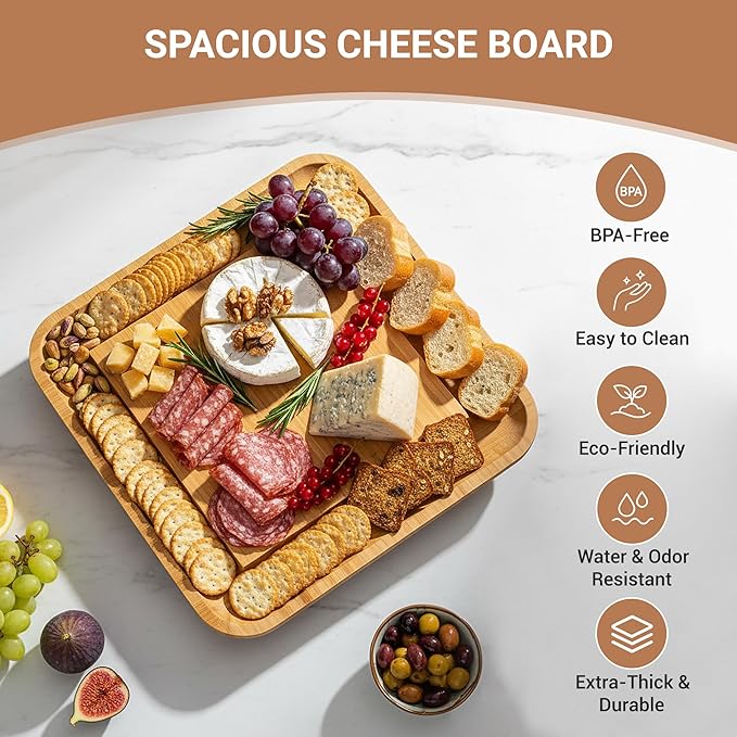 Pulse Bamboo Charcuterie Board Set – Premium Bamboo Cheese Board with Slide-Out Knife Drawer – Complete Hosting Set for Wine Nights & Parties – Perfect Housewarming Gift and Wedding Gift for Couples