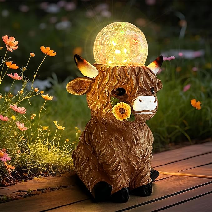 HONGLAND Highland Cow Solar Outdoor Statues for Garden, Outside Decor with Color Changing Lights for Yard Lawn Ornaments Porch Patio Balcony Home Farmhouse, Birthday Gifts for Grandma Mom Women