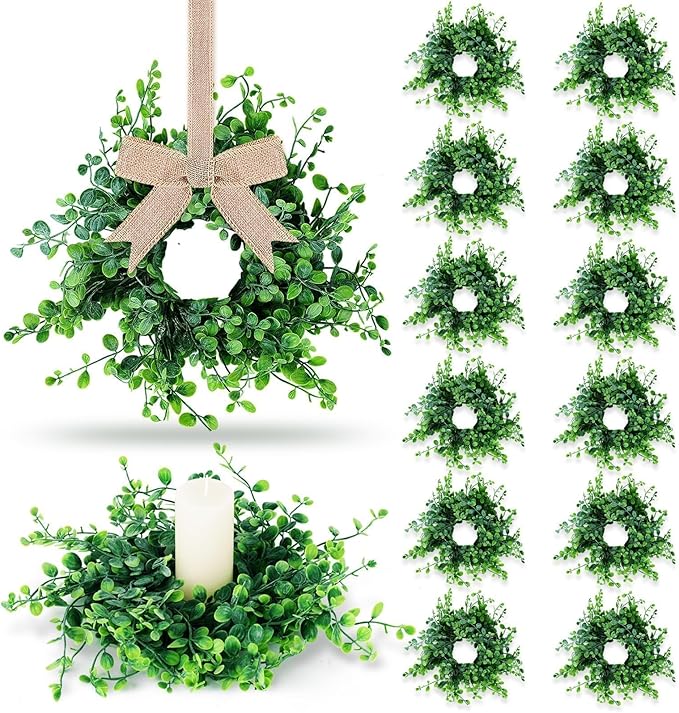 12 Pcs Mini Green Boxwood Candle Rings Wreaths Spring Summer Kitchen Cabinet Swags Wreath 3 Inch Wedding Rings Wreaths Pillar Candle Holder for Wedding Home Door Tabletop Decor (12, Green Boxwood)