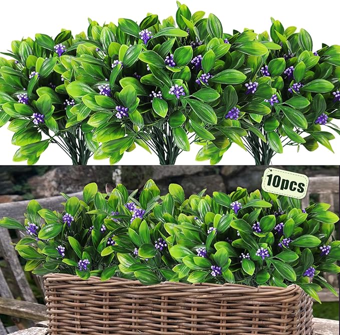 RECUTMS 10 Pcs Artificial Plants Plastic Fake Fern Bean Shrub Grass Greenery Simulation Leaves Bush Indoor Outside Home Garden Office DIY Table Arrangement (Violet)