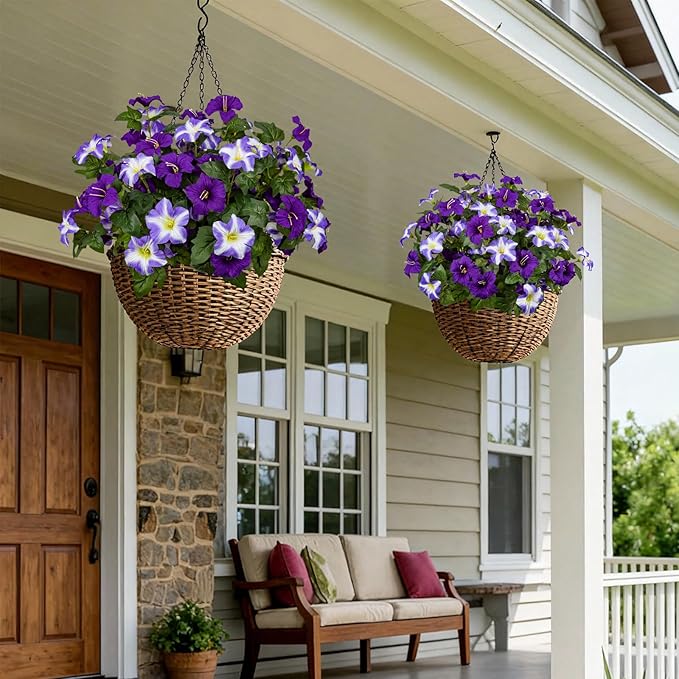 Brlita 19 Inch Artificial Flowers for Outdoor Indoor Garden Home Decoration,Faux Flower for Home Office Garden Patio Balcony 4 Bundles (Double Purple)