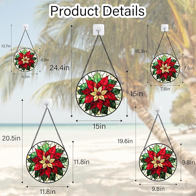 AMDERVEN Stained Glass Window Hanging - Red Poinsettia Birth Flower Sun Catcher for Door Garden Home Decor Suncatcher Christmas Mother's Day Birthday Gifts for Women Men Mom Girl Nana Friend 6.3 in