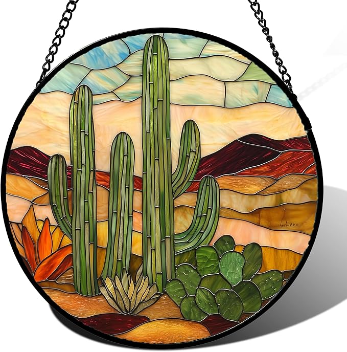 JOSUMALY Stained Glass Window Hanging, Green Cactus Sun Catcher for Door Terrace Garden Home Decor, Abstract Desert Landscape Suncatcher Birthday Gifts for Lovers Women Men Dad Mom Nana 15 in