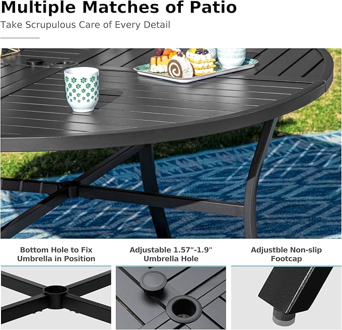 MFSTUDIO Round Patio Table and Chairs, Black Metal Outdoor Dining Set for 6 Persons, 7 Piece Wrought Iron Patio Furniture Dining Set for Deck Backyard Garden