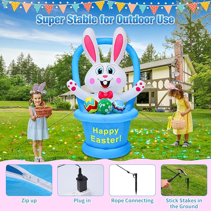 5 Ft Easter Inflatables Yard Decorations, Blow up Easter Bunny with LED Lights Basket Light up Outdoor Decor for Holiday Party Indoor Outdoor Garden Lawn