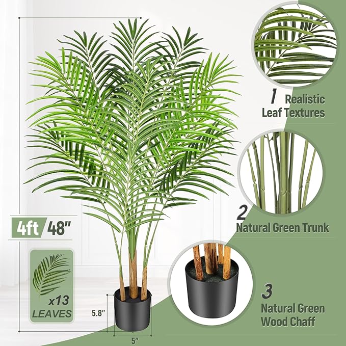 Artificial Palm Tree 4ft Tall Fake Indoor Decor with 13 Trunks and Real Bark Design Faux Tropical Areca Silk Floor Plant in Pot for Home Office Living Room Bedroom 1pcs