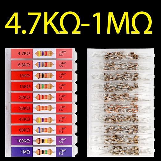EEEEE 100 Ohm - 1M Ohm with 5% Carbon Resistor Assortment Kit and Electrical Industrial Assorted Set K Ohm Pack for Led Lights (5% 1/4 Watt 1000pcs 100Ω-1MΩ)