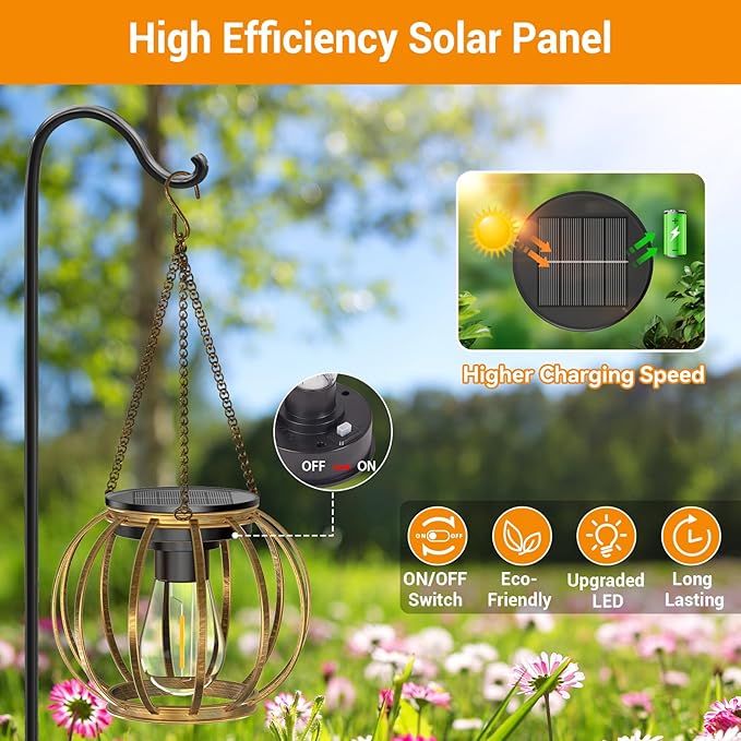 KOOPER Solar Lanterns Outdoor Waterproof, Upgraded Bronze Metal Hanging Solar Lights Outdoor Lanterns, Brighter Auto On/Off Outdoor Hanging Lantern for Yard Patio Pathway Porch Garden Decor 2 Pack