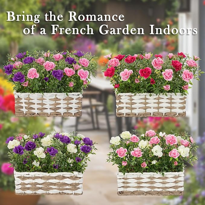 Artificial Rose Flowers with Woven Basket, Faux Roses in Fake Rattan Planter for Table Centerpiece, Romantic Floral Arrangement for Home Bedroom Spring Wedding Sweet Decor, Cream White & Soft Pink