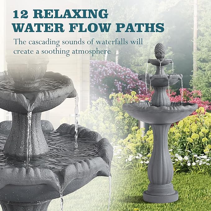 MAGIC UNION Garden Water Fountain Outdoor, 47.3" High Large Roman Italian Indoor Waterfalls, 3-Tier Standing Water Feature Fountains w/Pump & Pineapple Top for Outside Patio, Yard and Lawn (Gray)