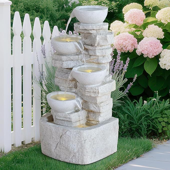 Qingyinge 27' H Modern Outdoor Fountain Resin Outdoor Garden Fountains with Contemporary Design LED Light for Garden, Patio, Deck, Porch, Backyard and Home Art Decor
