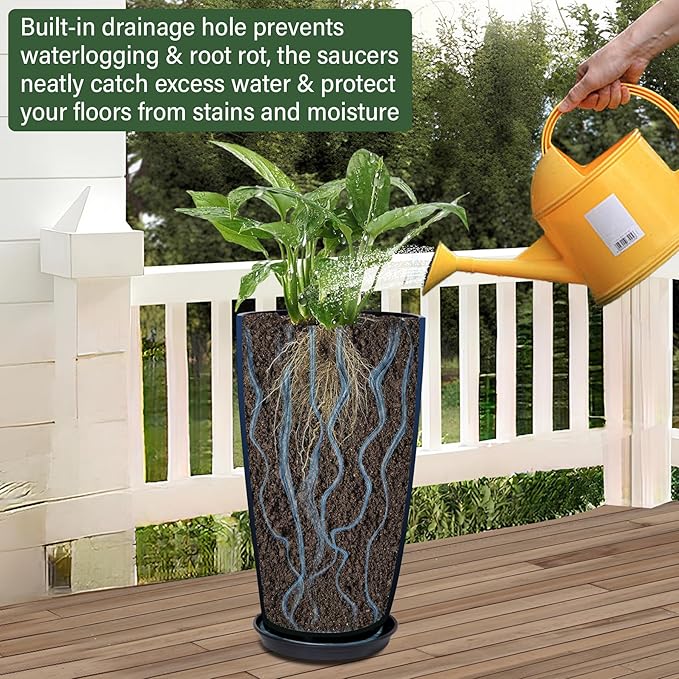 Neoaider 24/21/12 Inch Large Plastic Planter, Lightweight Ceramic-Look Tall Planters with Drain Hole & Saucers, Tall Plastic Planters for Porch, Garden, Patio, Balcony(Dark Blue)