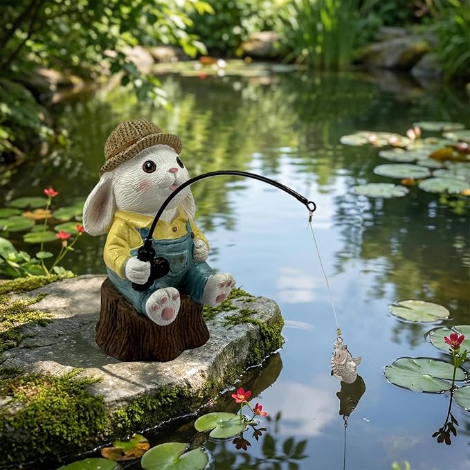 Garden Rabbit Pond Statues Decoration, Fishing Bunny Garden Statue Outdoor Koi Pond or Waterfall Decor, 7.1" Rabbit Fishing Poolside Statue, Animals Patio, Lawn Sculpture, Great Gifts for Mom & Women