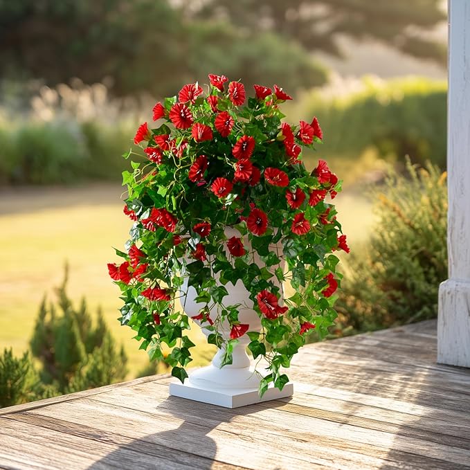 Morning Glory Artificial Hanging Flowers for Outdoors 3 Pcs Fake Petunias Flower Faux Silk Long Trailing Vines Realistic Flower for Front Door Porch Patio Balcony Garden Yard Decor (3 Pcs Red)