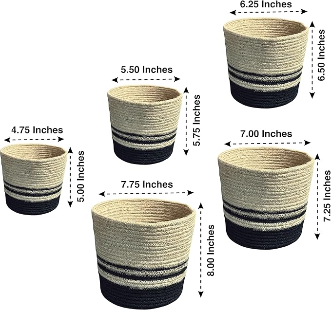 Planter Basket Set – 5-Piece Handwoven Jute Planter Basket for Home Decor, Nursery, or Indoor Plants (5'' to 8'' Diameter, 4.75'' to 7.75'' Height) – Fold & Wrinkle Free - Natural with Black Stripe