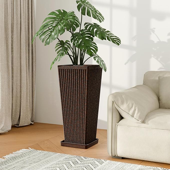 Trygoal Square Tall Planters for Outdoor Plants Set of 2-23.6" Heavy-Duty Classic Tapered Indoor Flower Pots with Drainage Holes/Partition/Tray, Large Outdoor Planters for Porch Patio Garden, Brown