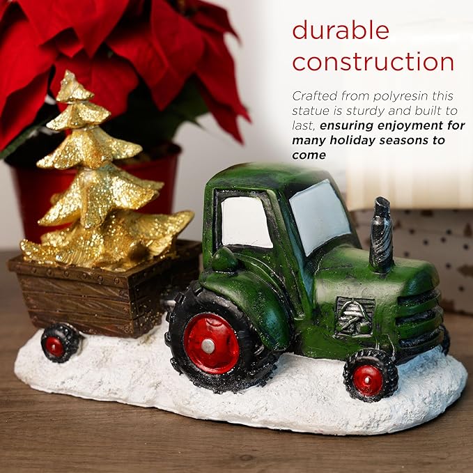 Alpine Corporation 7" Tall Holiday Green Tractor Pulling Gold Tree Statue with Warm White LED Lights, Christmas Decoration for Tabletop, Shelf, Mantel, or Entryway Display