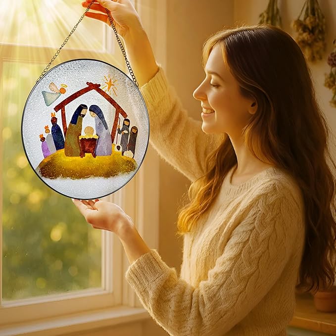 8'' Stained Glass Window Hanging, Nativity Scene Ornament, Christian Ornament, Holy Family Decoration, Religious Holiday Decor, Gift for Christmas, Religious Gifts, Christian Gifts
