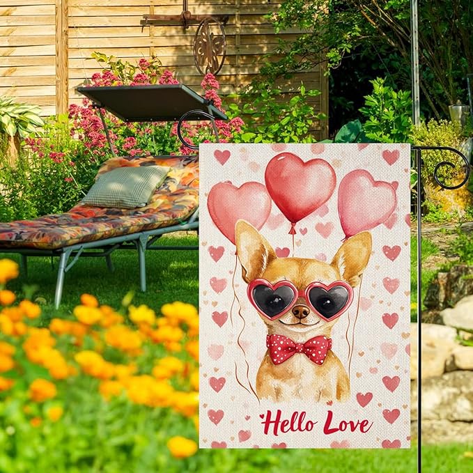 Valentine's Day Chihuahua Hello Love Garden Flag, House Yard Plaid Love Heart Outside Decoration, Spring Holiday Wedding Anniversary Outdoor Small Decor 12x18(12642)
