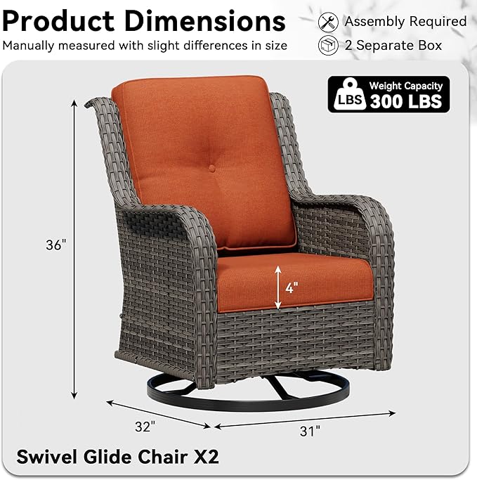 Swivel Rocker Patio Chairs Set of 2 - Outdoor Wicker Patio Furniture Set 2 Pieces with Thickened Olefin Cushions, High Back and Deep Seating, Hand-Woven PE Rattan for Porch, Deck, Orange