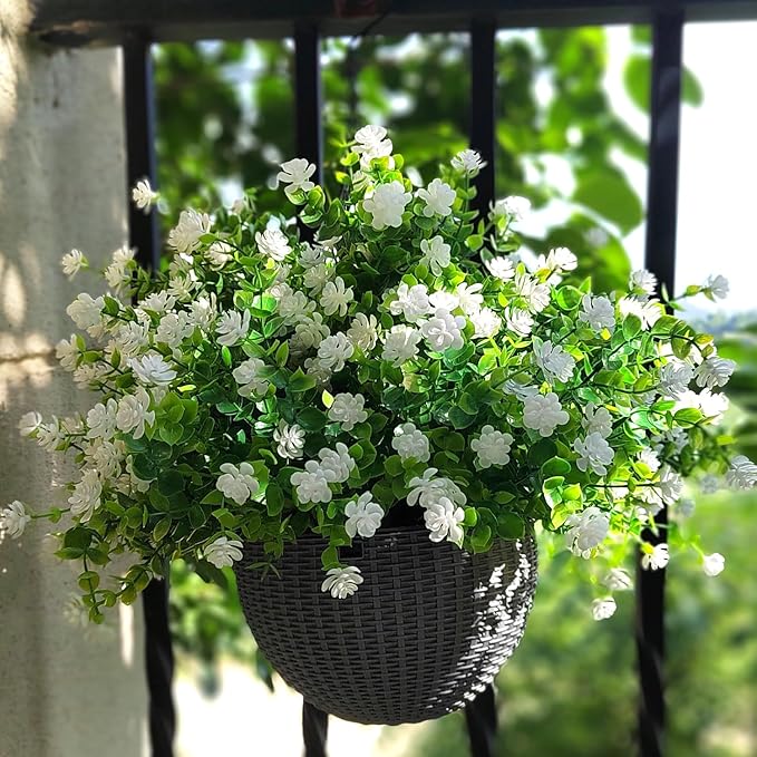 Grunyia 12 Bundles Artificial Flowers for Outdoors, UV Resistant Fake Flowers with Plastic Plants, Faux Flowers for Outside Window Box Front Porch Hanging Planter Decor (White)