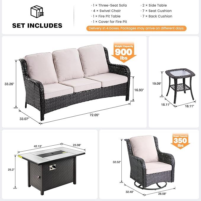 ovios 8 Pieces Patio Furniture Set, Outdoor Wicker Sofa Couch with Swivel Chairs 42" Fire Pit Table, High Back Modern All Weather Conversation Sets, Brown Rattan, Beige