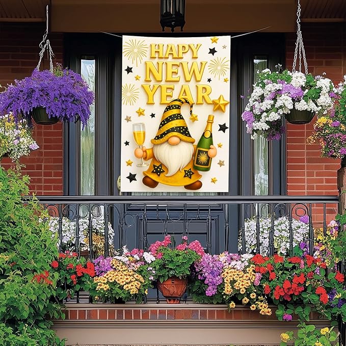 Happy New Year House Flag 28x40 Inch Double Sided Garden Flag Gold Gnome Champagne and Star Design Winter Holiday Yard Banner Large Outdoor Polyester Flag for Porch Lawn Home Decoration