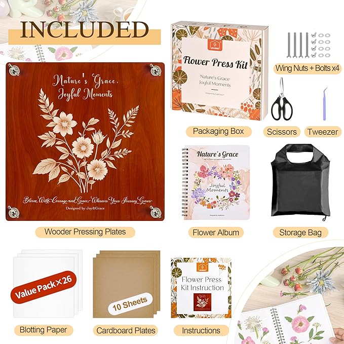 Joy&Grace Large Flower Press Kit for Adults & Kids with Designed Cover and DIY Album, 10.9" x 10.9" 10 Layers Plant Press and Plant Drying Toolkit, Flower Preservation Kit (Color Box, Mahogany Color)