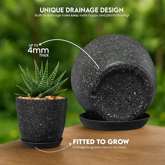 Utopia Home - Spotty Plant Pots Indoor with Drainage - 7/6.6/6/5.3/4.8 Inches Flower Pots - 5 Pack Plastic Planters - Ideal for Stocking Stuffers - (Speckled Black, Pack of 10)