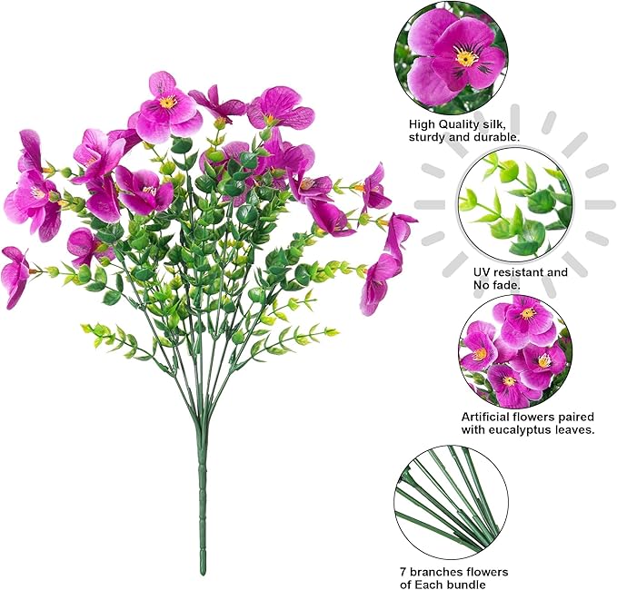 Ivydale Artificial Flowers for Outdoor Decorations, 12 Bundles Fake Pansies Flower, Silk Flora with Eucalyptus for Planter, UV Resistant Realistic Bouquets Front Door Garden Porch Patio Yard