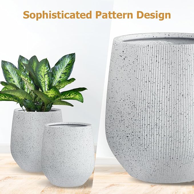 KUTE NEST 16.5" H x 15" D Ribbed Corso Fiberstone Round Tapered Planter with Drainage Hole, Weather Resistant, Included 2 Extra Coco Mats (Ribbed Speckled White, 11.5" Pot Opening)