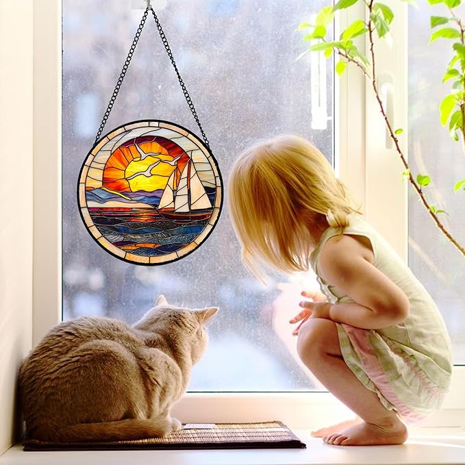 DASTOLL Stained Glass Window Hanging, Sun Ocean Sailboat Seagull Abstract Suncatcher Diamond Glass Panel Sun Catchers Decor for Birthday for Women, Men, Wife, Aunt, and Mom 7.8 in