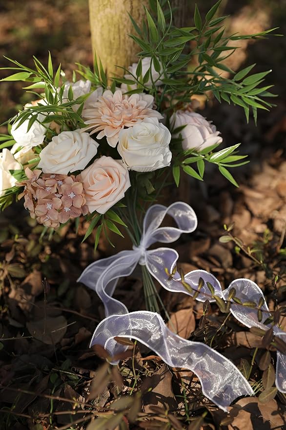 YYHUAWU Artificial Flowers Combo Box Set Gradient Color Flower Leaf with Stems for DIY Wedding Bouquets Centerpieces Baby Shower Party Home Decorations (Gradient Champagne)