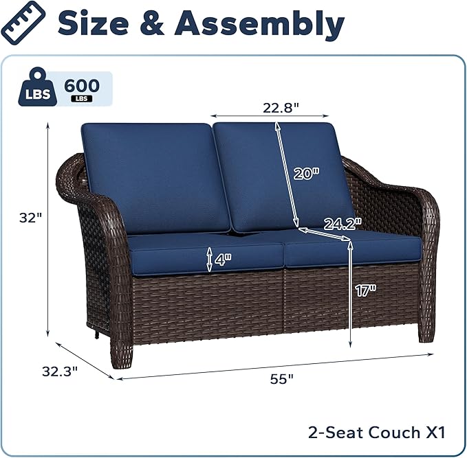 55" Outdoor Loveseat Wicker 2-seat Sofa with Removable Cushions, Conversation Patio Furniture, PE Rattan Couch, Steel Frame Couch with Cushions for Backyard, Deck (Navy Blue)