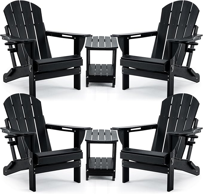 4 Chairs & 2 Tables Folding Adirondack Chair Set with Table – HDPE Weatherproof Outdoor Patio Chairs with Reclining Back and Cup Holders, 2-Tier Storage End Tables for Firepit Garden(Black)