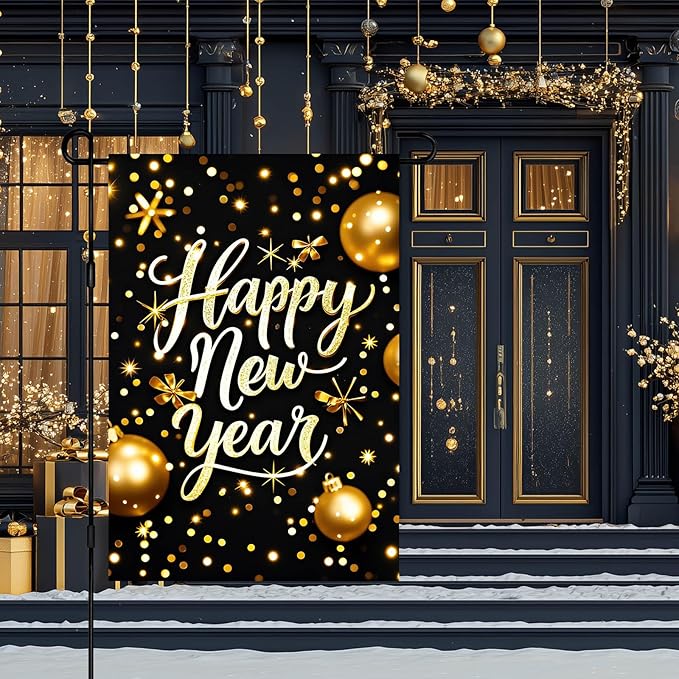 Happy New Year Garden Flag 12x18 Inch Gold Glitter Winter Holiday Yard Decor Seasonal Welcome Banner Outdoor Christmas Lawn Sign Double Sided Polyester For Girls or boys gifts