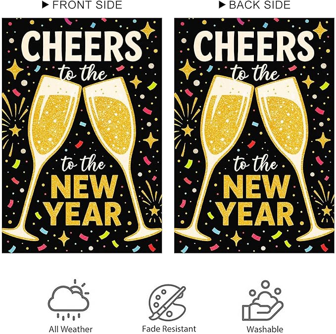 Cheers to the New Year Garden Flag 12x18 Inch Double Sided New Year Garden Banner Outdoor Yard Decor Black Gold Champagne Toast Party Decoration Lawn Flag