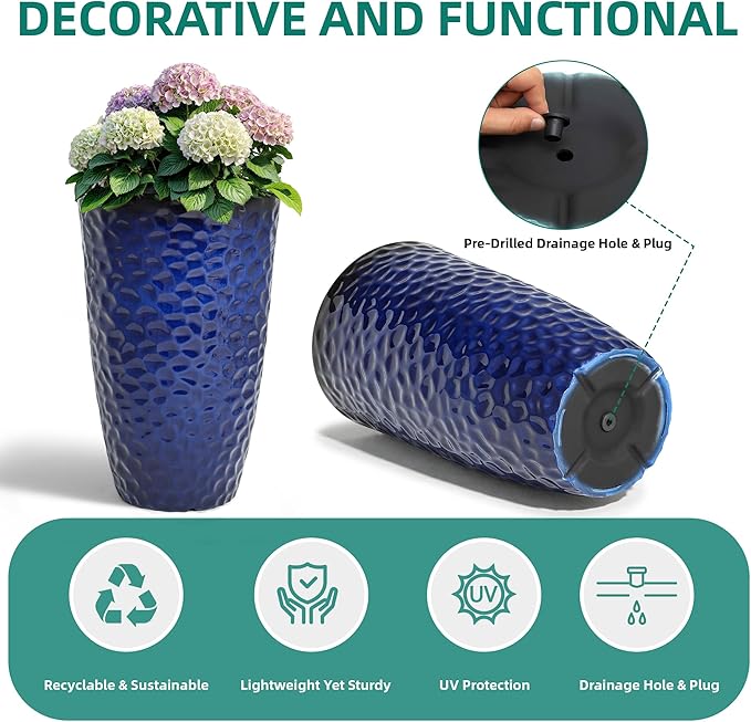 Ultym 23.75" H Large Tall Outdoor Planters, Set of 2 Plastic Large Flower Pots for Outdoor Plants, Gradient Cobalt Blue Honeycomb Textured, Weather-Resistant for Porch, Garden, Patio or Indoor Use