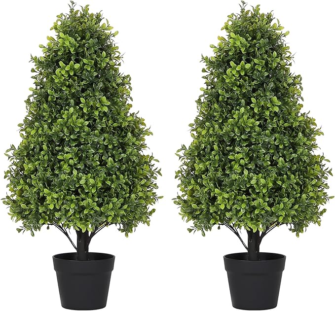 Azoco 30" Artificial Boxwood Faux Plants Outdoor, UV Resistant Topiary Trees Realistic Cone-Shaped Fake Bushes and Shrubs Potted Fakeplants Set of 2 for Front Porch Patio Outside Planter Decor