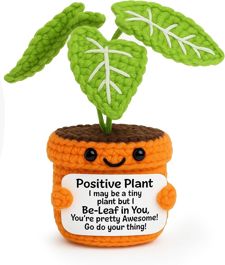 TKGIFTHOT Crochet Positive Plant Inspirational Gifts for Women Coworker Plant Lovers Friends Home Office Gifts Desk Decor Handmade Knit Potted Bookshelf Decorations