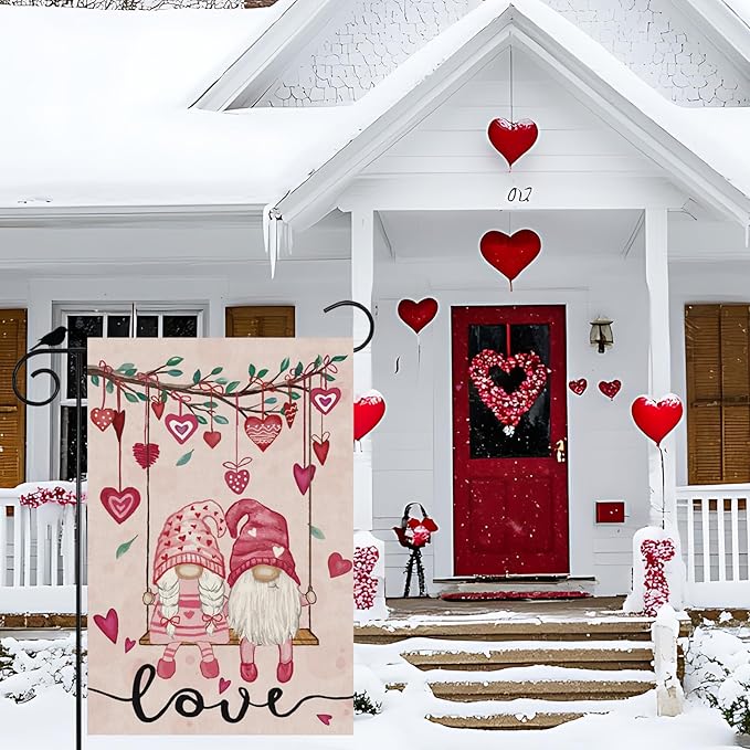 Valentine’s Day Romantic Swing Gnome Love Hearts Garden Flag Yard Flag 12x18 Inch Double Sided Small Mini Yard Outdoor Outside Holiday Decoration