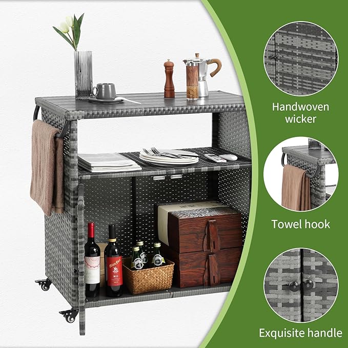 Outdoor Wicker Bar Cart, 35.20" Patio Wine Serving Cart with Plastic Wood Top, Rolling Beverage Bar Table with Wheels & Storage for Garden, Backyard & Poolside, Black