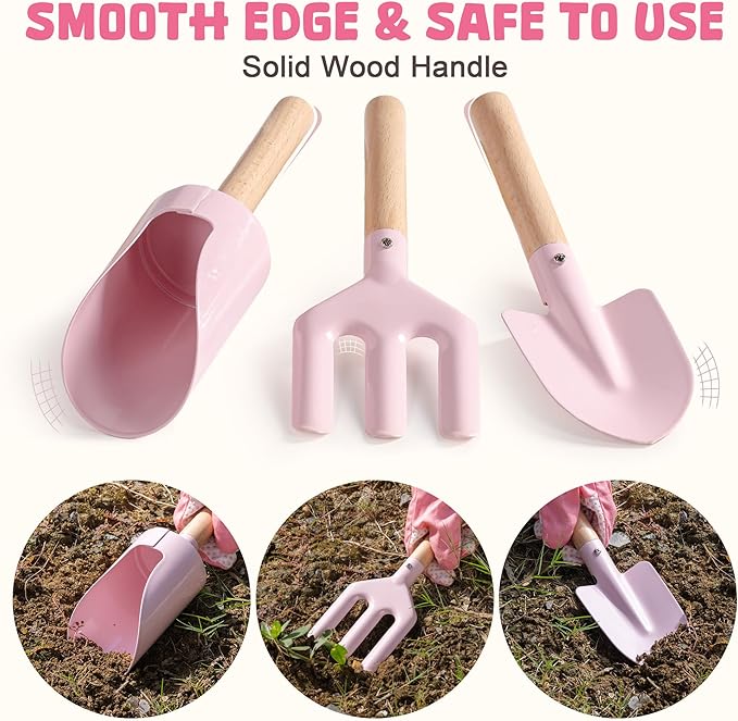 ROBOTIME Kids Gardening Set, 17PCS Kids Gardening Tools for Girls, Toddler Gardening Set with Hat, Apron, Gloves, Watering Can & Tool Bag – Outdoor Garden Toy Kit (Pink)