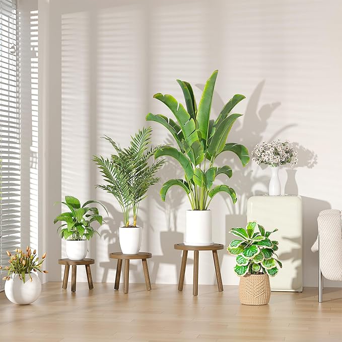 Vecxoty 3-Pack Wood Plant Stands Indoor, Single Plant Stand for 6-12 Inch Pots, Mid-Century Modern Plant Stool, Tall Plant Stand for Large Plants for Living Room, Balcony, Office (Dark Gray)
