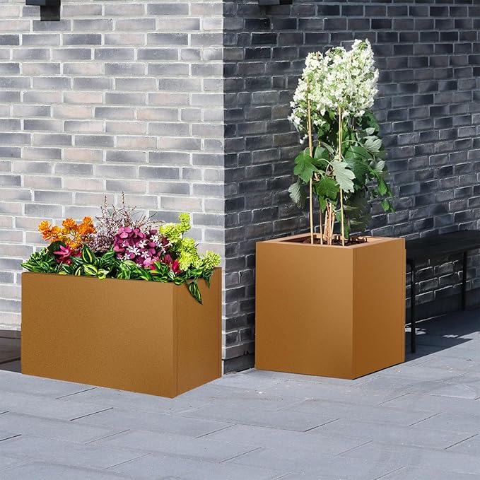 Meyoppm Corten Steel Planter Box 24"x24"x25", Rustic Metal Planter with Partitions & Drainage Holes, Frost Rust Resistant Heavy Duty Planter for Patio Garden Indoor Outdoor Commercial Decor