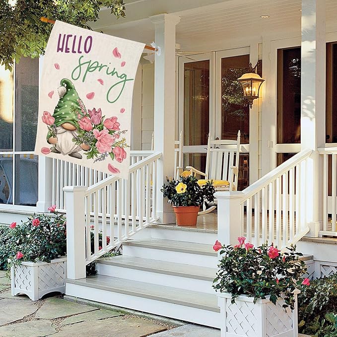 Hello Spring House Flag for Outdoor Gnome with Roses Flowers Yard Flags for Outside,Summer Seasonal Holiday Decorative Flag for Anniversary Wedding Farmhouse Decor 28x40 Inch Double Sided