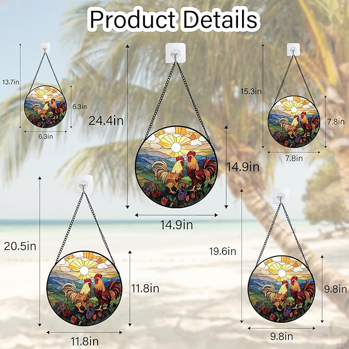 Stained Glass Window Hanging, Countryside Scenery Chicken Sun Catcher for Door Home Decor Sunrise Suncatcher Christmas Mother's Day Birthday Gifts for Women Men Mom Nana 9.8 in