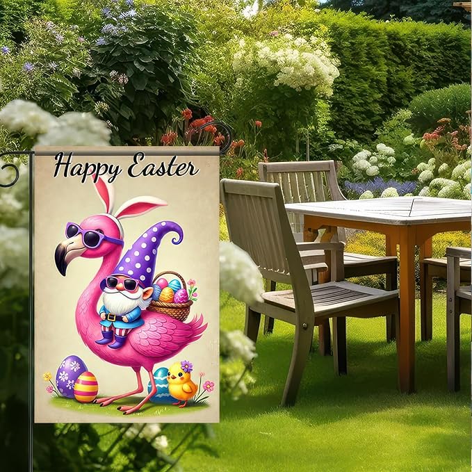 Happy Easter Garden Flag Cute Gnoms 12x18 Inch Double Sided Colorful Easter Eggs Yard Outside Decorations Spring Outdoor Small Decor Seasonal Spring Party Flags